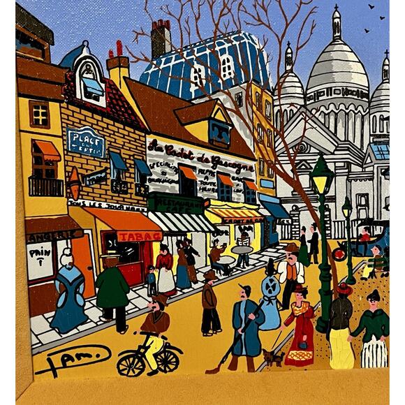 French Street Scene Painting Sacre Coeur Montmartre Paris Folk Art Style Signed - Picture 3 of 10